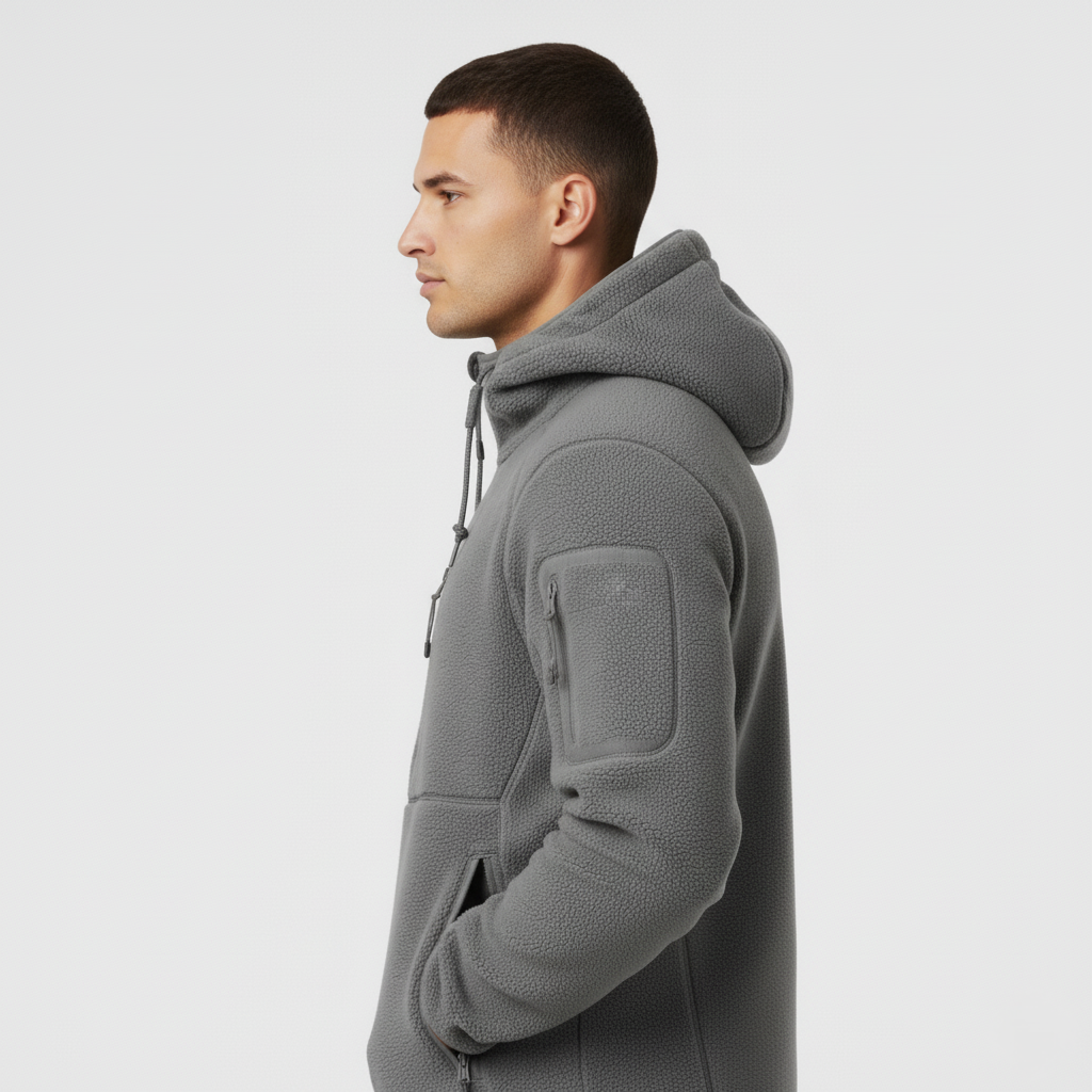 Men’s Fleece Hooded Jacket with Full Zip and Multiple Pockets