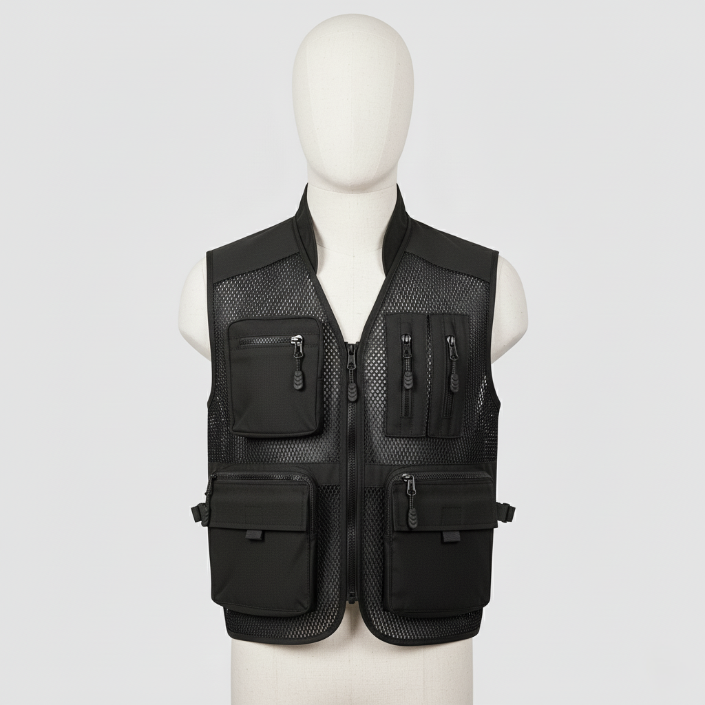 Men’s Outdoor Utility Vest with Multiple Zip Pockets – Polyester Mesh