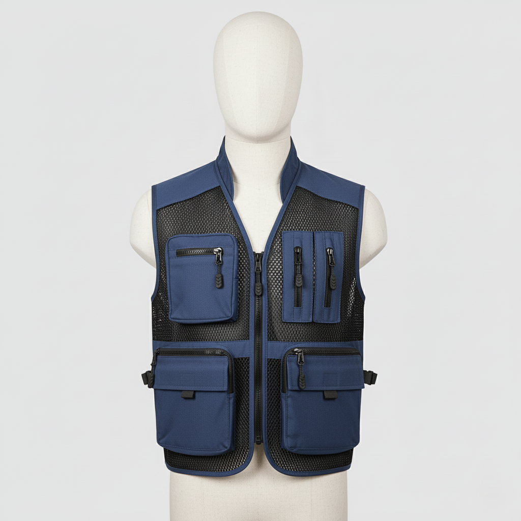 Men’s Outdoor Utility Vest with Multiple Zip Pockets – Polyester Mesh