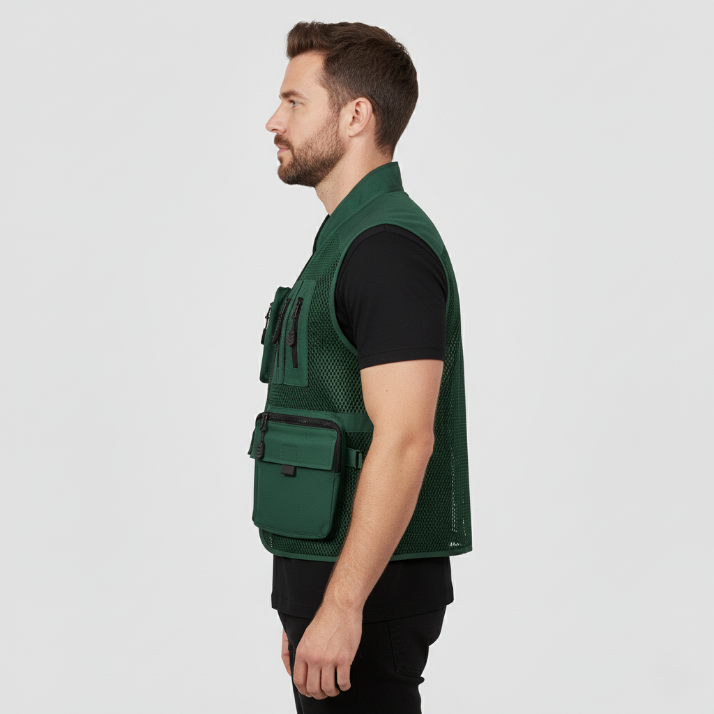 Men’s Outdoor Utility Vest with Multiple Zip Pockets – Polyester Mesh