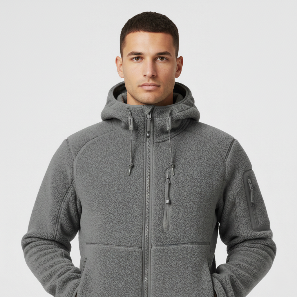 Men’s Fleece Hooded Jacket with Full Zip and Multiple Pockets