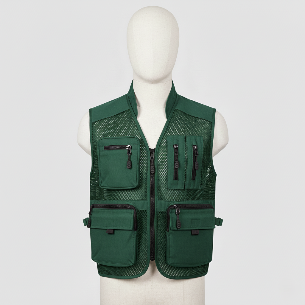Men’s Outdoor Utility Vest with Multiple Zip Pockets – Polyester Mesh