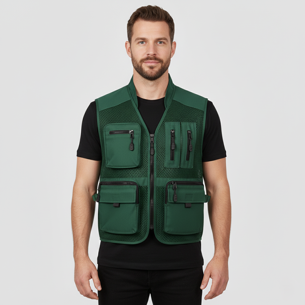 Men’s Outdoor Utility Vest with Multiple Zip Pockets – Polyester Mesh
