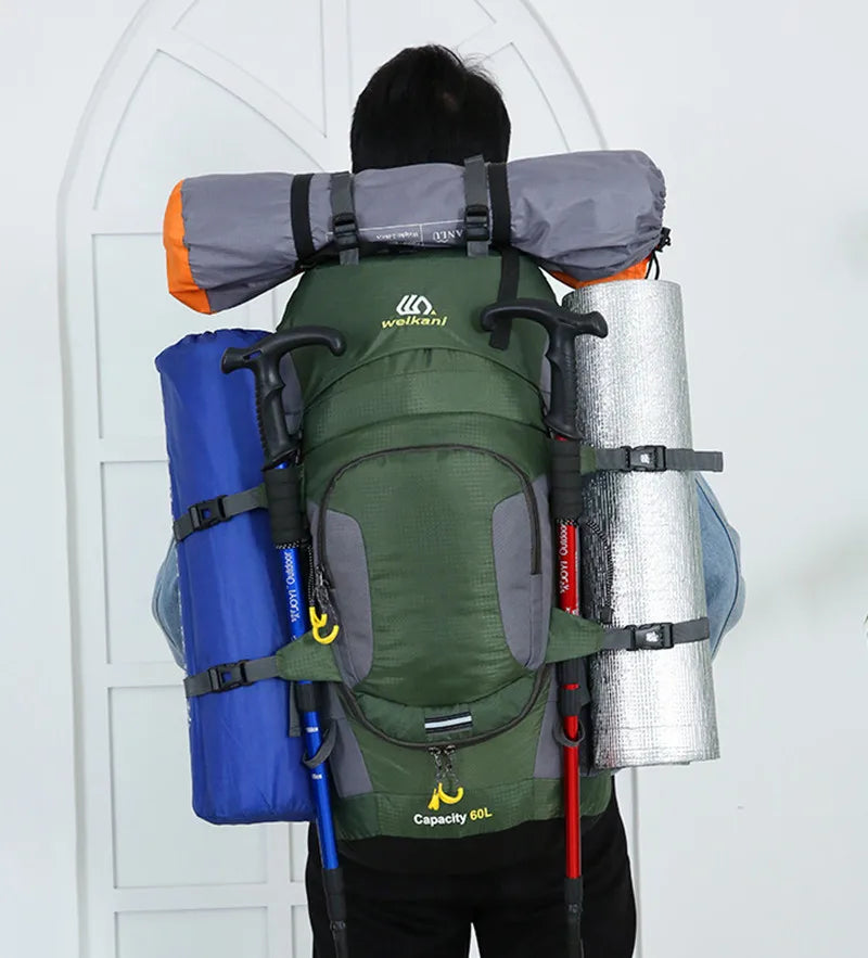 Nouvuna Reflective 60L Camping Backpack – Large-Capacity Nylon Design with Safety Strip